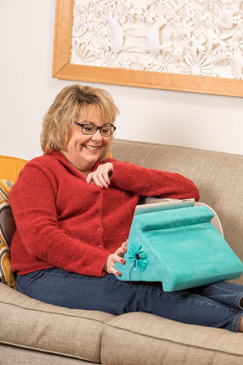 Tablet Stand with Cubby Storage and Multi-Angle Viewing for Home, Work & Travel. Our Tablet Holder Has Storage for Your All Your Personal Items. (Blue Camou)