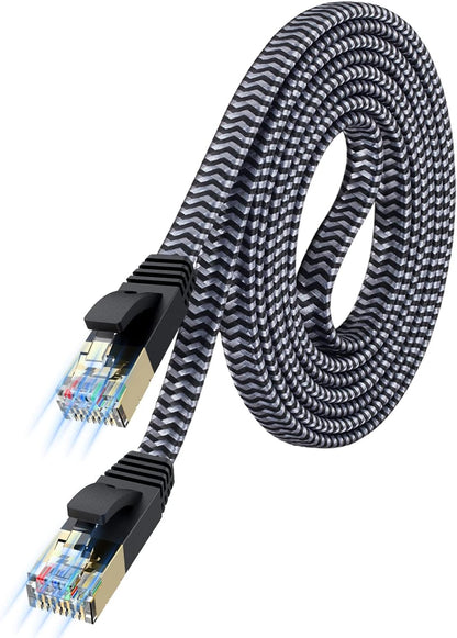 Cat 7 Ethernet Cable 10Ft - Flat Design, Easy Install, Nylon Braided, More Durable High Speed Internet Cable Network Cord Shielded LAN Cables for Computers, Routers, Switches, and Gaming Consoles