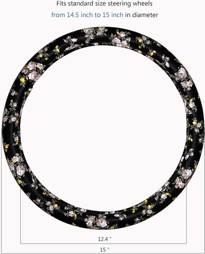PU Leather Floral Auto Car Steering Wheel Cover, for Women Girls Ladies, anti Slip Non-Toxic Universal 15 Inch, Black with Flowers