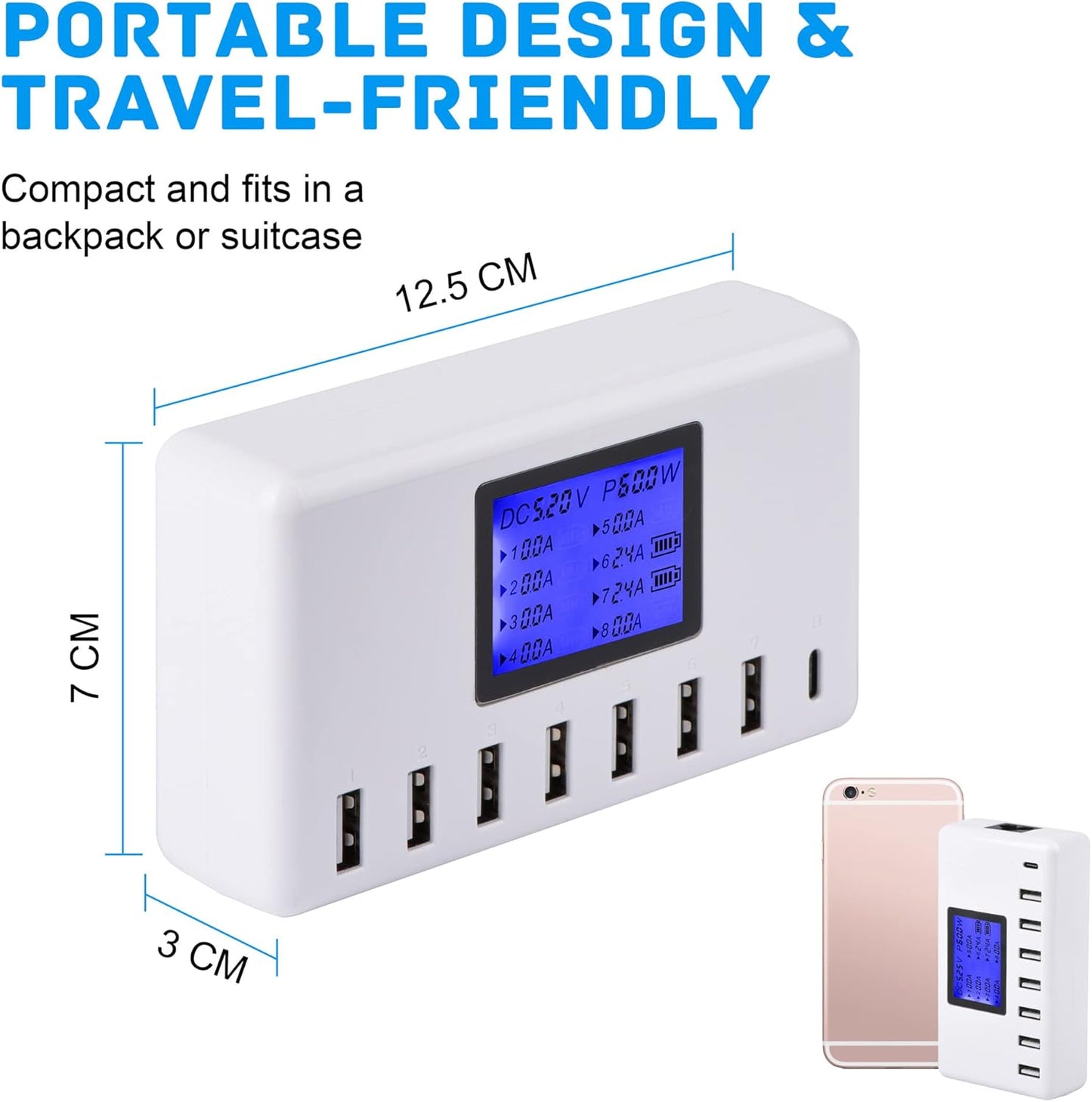 60W 12A 8-Port USB Charging Station - Multi Port USB Hub Charger with LCD Display - Compatible with Iphone, Ipad, Samsung, Kindle, Tablet, Bluetooth Earbuds and More