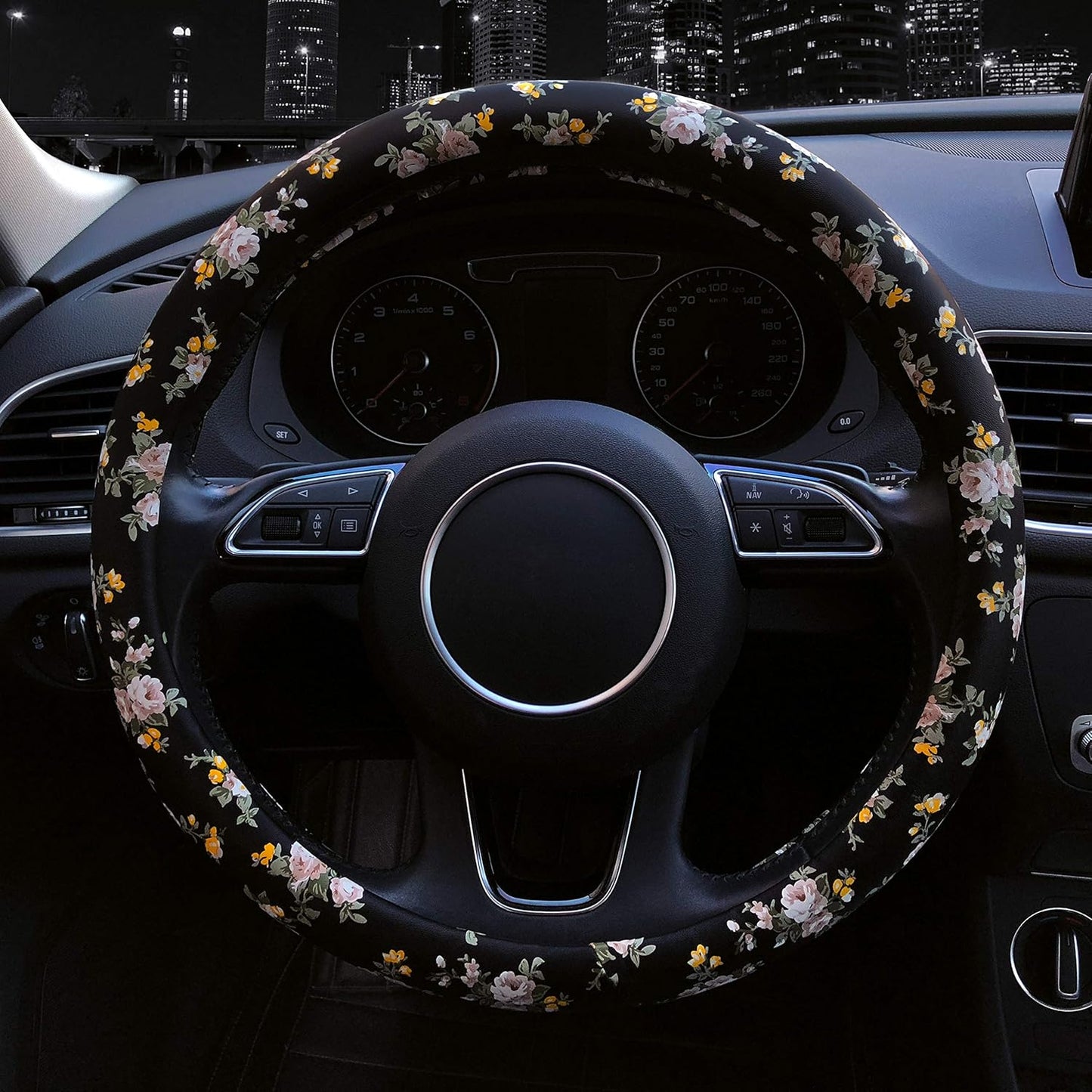 PU Leather Floral Auto Car Steering Wheel Cover, for Women Girls Ladies, anti Slip Non-Toxic Universal 15 Inch, Black with Flowers