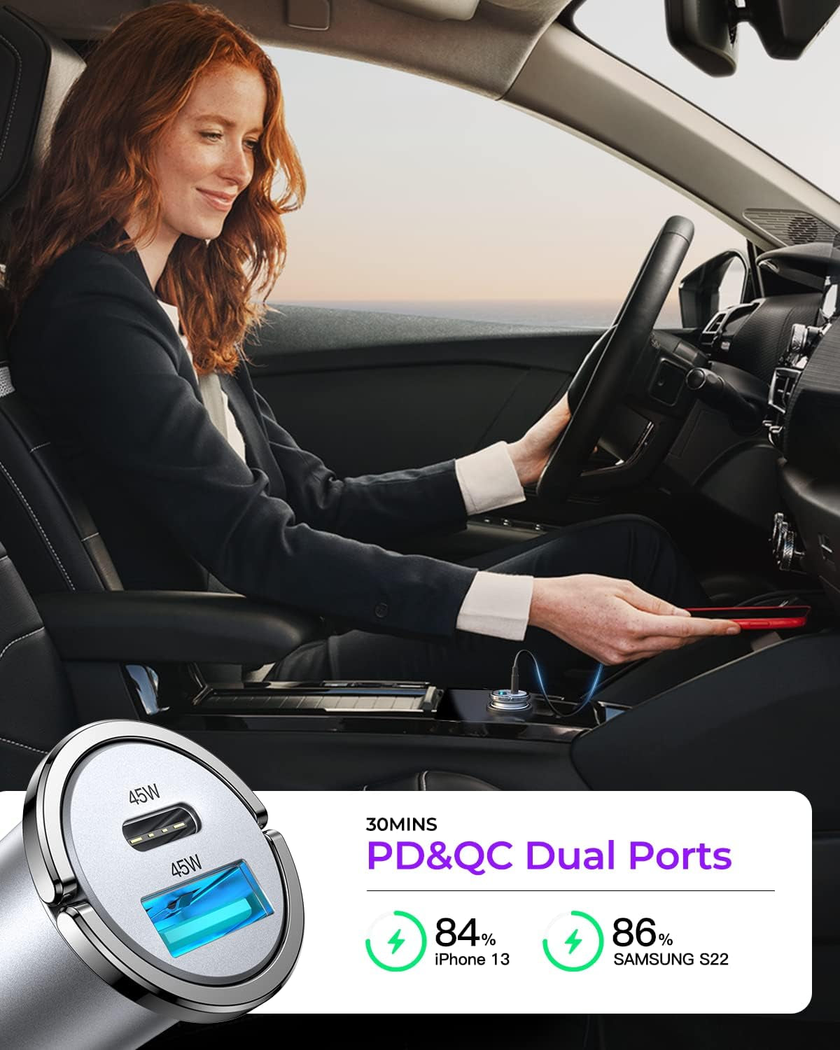 90W USB C Car Charger, PD45W & QC45W Super Fast Type C Car Charger [All Metal & Mini], Cigarette Lighter USB Charger Car Fast Charing for Iphone 16/15/14 Pro Max, Samsung Galaxy S24/23/22, Macbook Air