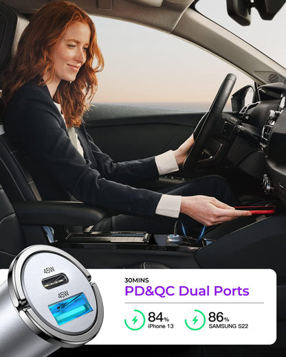 90W USB C Car Charger, PD45W & QC45W Super Fast Type C Car Charger [All Metal & Mini], Cigarette Lighter USB Charger Car Fast Charing for Iphone 16/15/14 Pro Max, Samsung Galaxy S24/23/22, Macbook Air