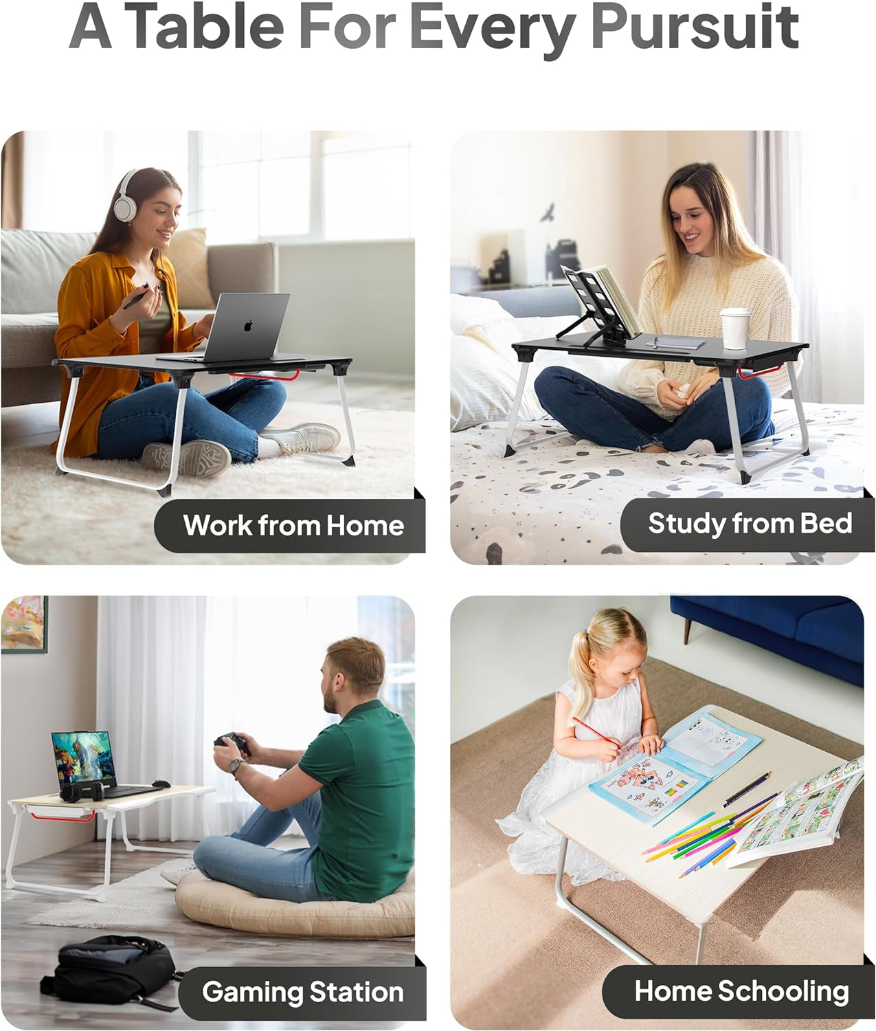 Mega Table plus Premium XXL Extra Large Laptop Desk for Bed, Table for Laptop in Bed, Desk for Floor | Portable, Folding Legs, Book Stand, Tablet Groove, Drawer, Extra Wide Surface (Black Onyx)