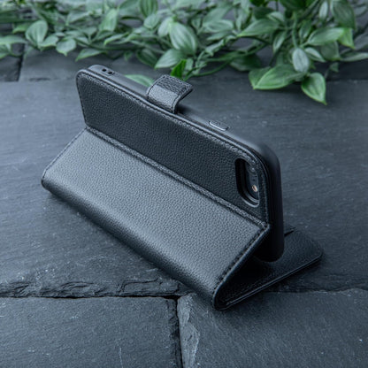 Genuine Leather Wallet Case for Iphone SE 2022/2020– Flip Cover with Card Slots & Stand (Dappled Black)