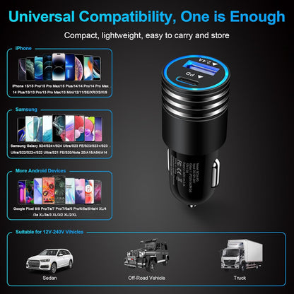 Fast Charging USB C Car Charger for Iphone 16E 16 15 14 13 12 Pro Max SE XR XS X Samsung Galaxy S25 S24 S23 S22 S21 Google Pixel 9/8A/8 Pro/7A/7 Pro/6A/6/5/4A/4/3,2Pack 30W PD+2.4A Type C Car Adapter