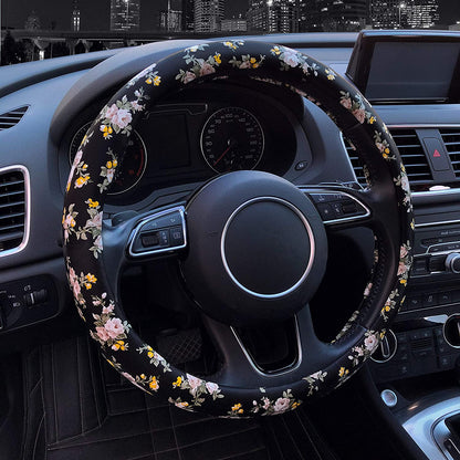 PU Leather Floral Auto Car Steering Wheel Cover, for Women Girls Ladies, anti Slip Non-Toxic Universal 15 Inch, Black with Flowers