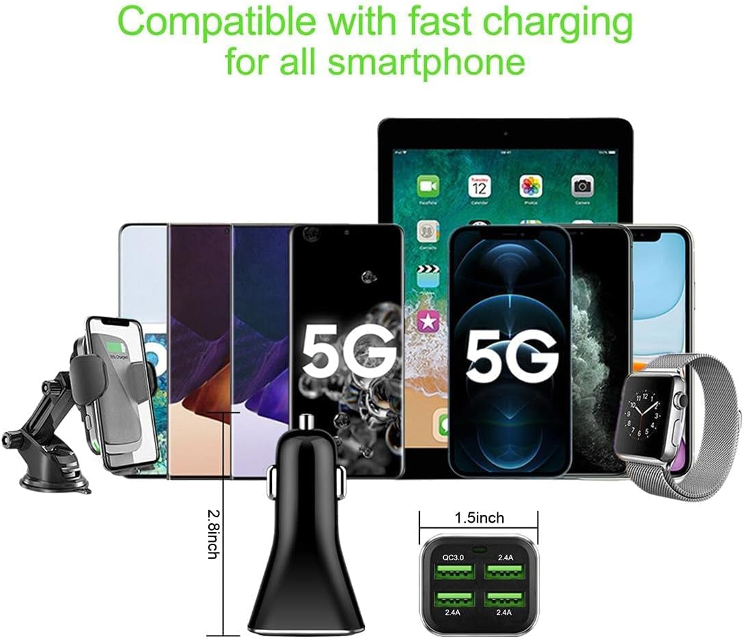 USB Car Charger Adapter, QC 3.0 Fast Car Charger, 4-Port Multi 9.6 Amp 48W Rapid Car Charger Compatible with Iphone 13/12/11 Pro Max, Samsung Galaxy S20 Ultra/Note20, LG, Pixel and More[2Pack].