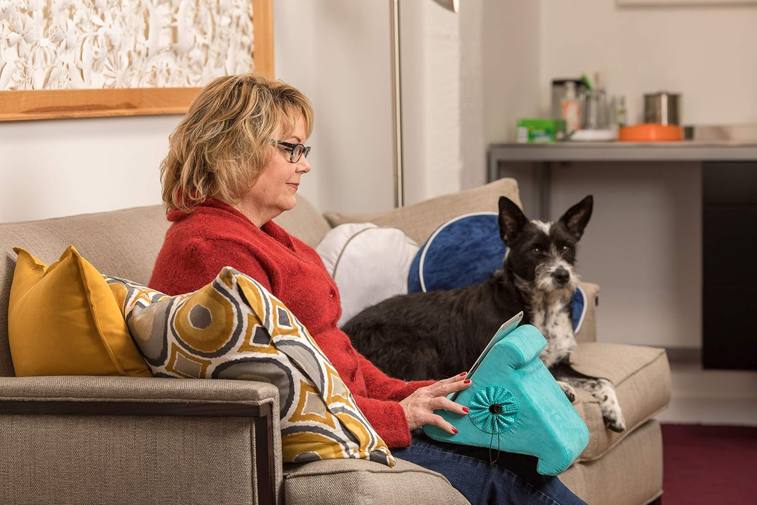 Tablet Stand with Cubby Storage and Multi-Angle Viewing for Home, Work & Travel. Our Tablet Holder Has Storage for Your All Your Personal Items. (Blue Camou)