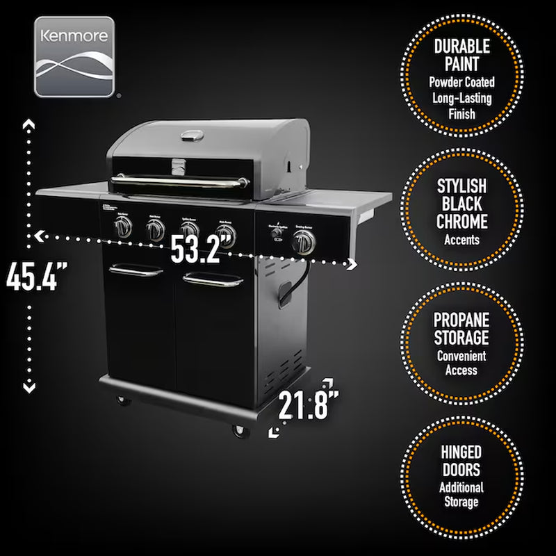 Black with Chrome Accents 4 -Burner Liquid Propane Gas Grill 1 -Side Burner