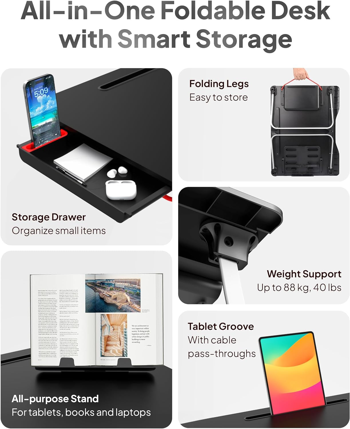 Mega Table plus Premium XXL Extra Large Laptop Desk for Bed, Table for Laptop in Bed, Desk for Floor | Portable, Folding Legs, Book Stand, Tablet Groove, Drawer, Extra Wide Surface (Black Onyx)