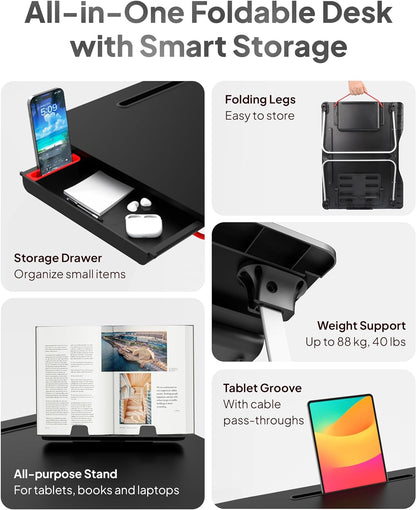 Mega Table plus Premium XXL Extra Large Laptop Desk for Bed, Table for Laptop in Bed, Desk for Floor | Portable, Folding Legs, Book Stand, Tablet Groove, Drawer, Extra Wide Surface (Black Onyx)