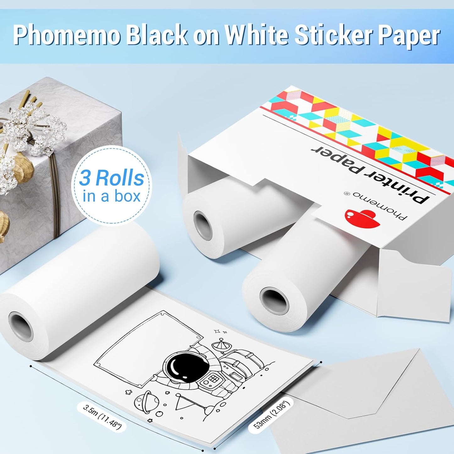 White Self-Adhesive Thermal Paper, Glossy Printable Sticker Paper Label for  M02/M02 Pro/M02S/P2S/M03/M04S Mini Sticker Printer, 50Mm X 3.5M, Diameter 28Mm, 3-Rolls, Image Time 2 Years
