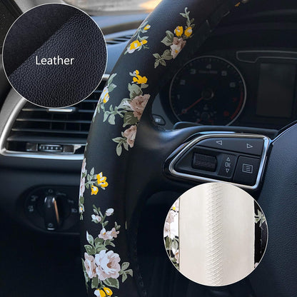 PU Leather Floral Auto Car Steering Wheel Cover, for Women Girls Ladies, anti Slip Non-Toxic Universal 15 Inch, Black with Flowers