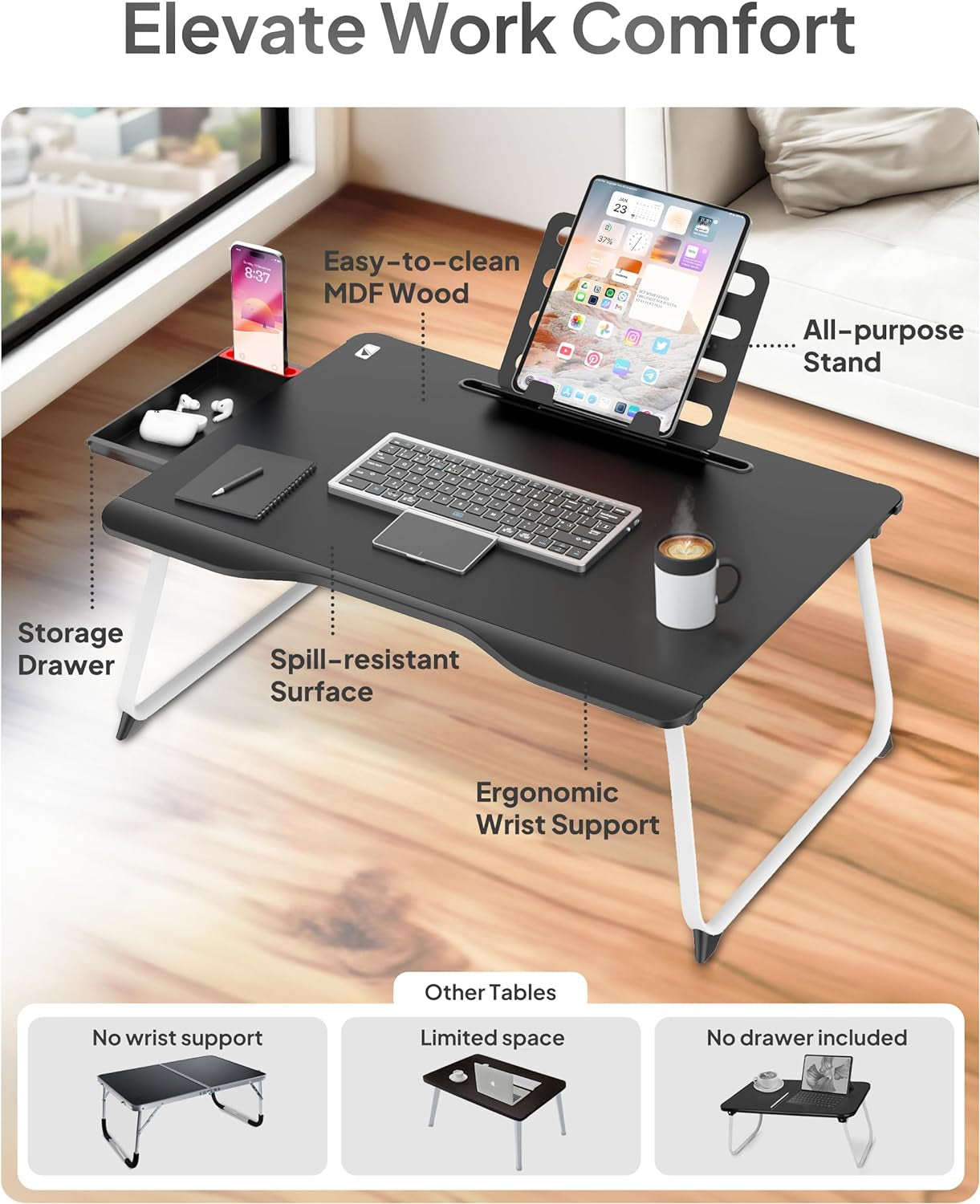 Mega Table plus Premium XXL Extra Large Laptop Desk for Bed, Table for Laptop in Bed, Desk for Floor | Portable, Folding Legs, Book Stand, Tablet Groove, Drawer, Extra Wide Surface (Black Onyx)