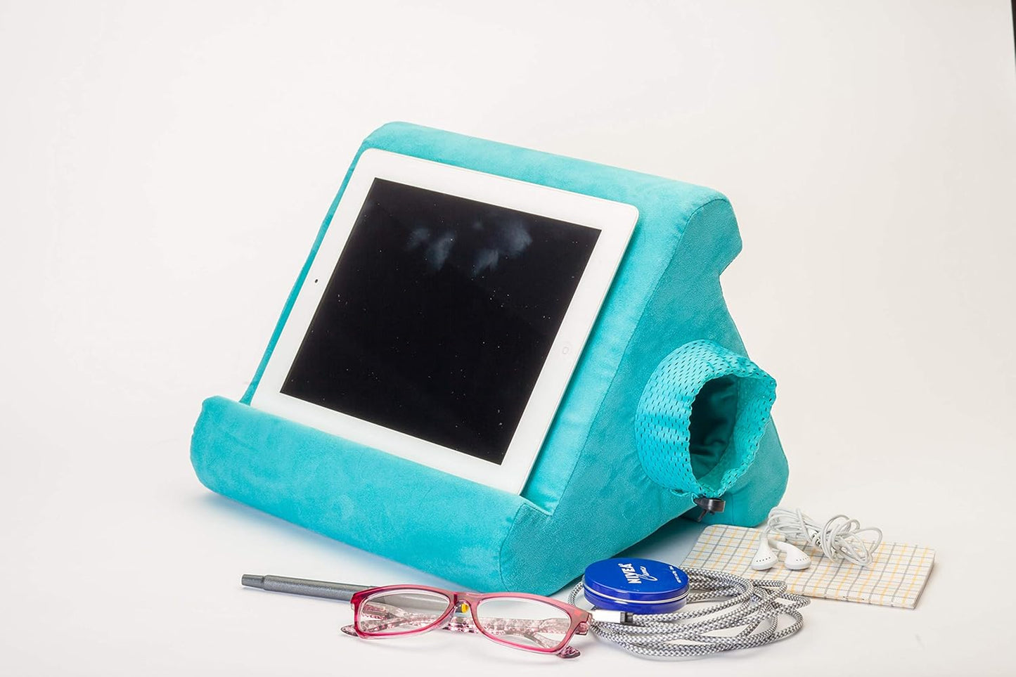 Tablet Stand with Cubby Storage and Multi-Angle Viewing for Home, Work & Travel. Our Tablet Holder Has Storage for Your All Your Personal Items. (Blue Camou)