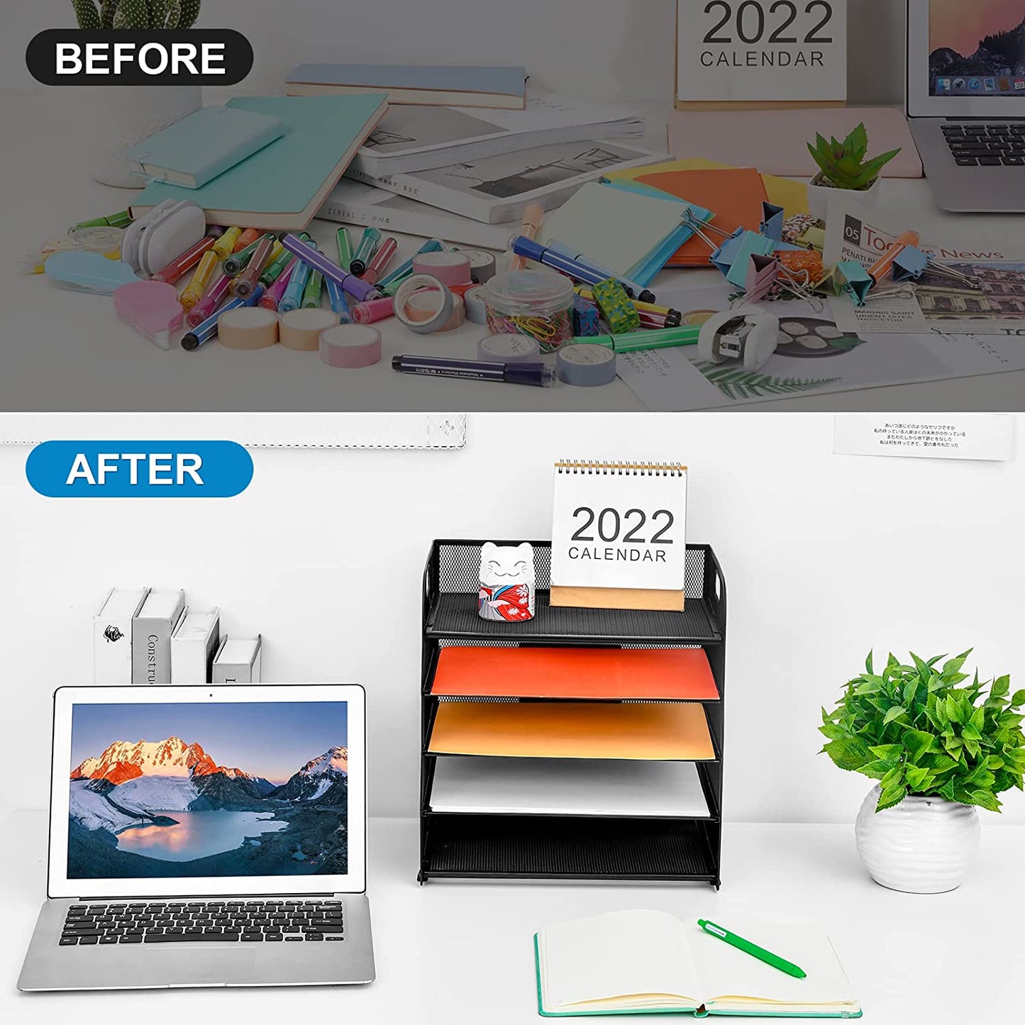 5-Tier Mesh Desktop File Organizer with Pen Holder, Black, 11 X 8.5 X 2.5 In