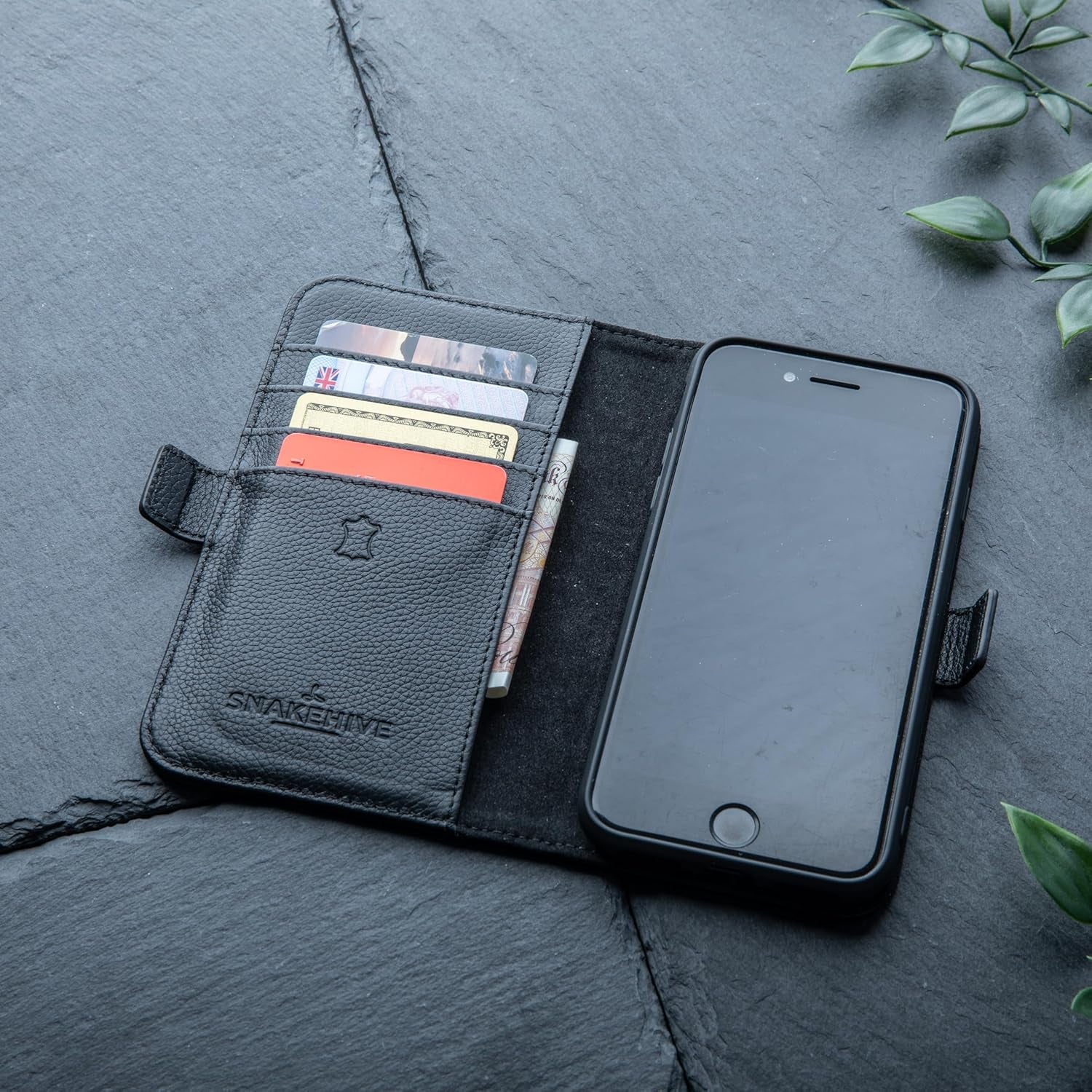 Genuine Leather Wallet Case for Iphone SE 2022/2020– Flip Cover with Card Slots & Stand (Dappled Black)