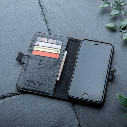 Genuine Leather Wallet Case for Iphone SE 2022/2020– Flip Cover with Card Slots & Stand (Dappled Black)