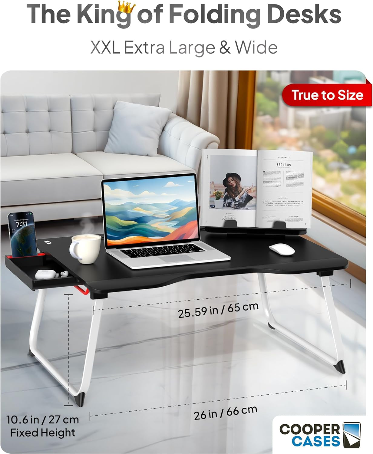 Mega Table plus Premium XXL Extra Large Laptop Desk for Bed, Table for Laptop in Bed, Desk for Floor | Portable, Folding Legs, Book Stand, Tablet Groove, Drawer, Extra Wide Surface (Black Onyx)