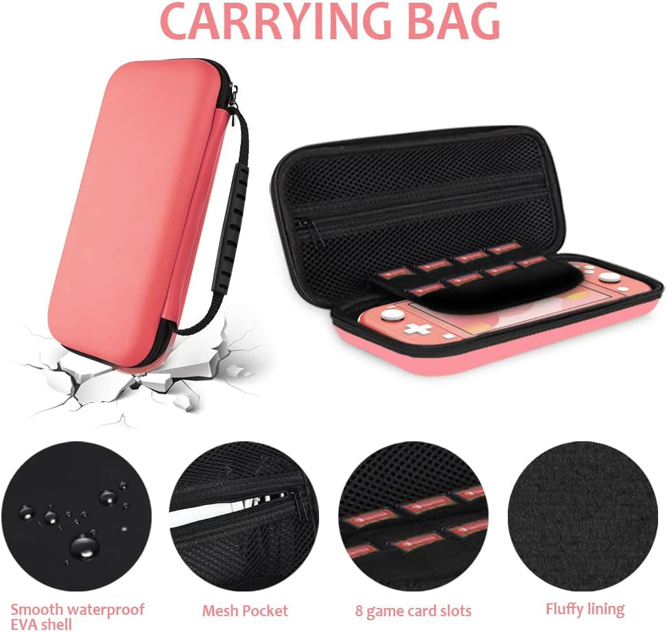 8PCS Case Compatible with Switch Lite, Carrying Case Accessories Kit, 1 Soft Silicon Case + 2 Screen Protector + 4 Thumb Caps + 1 Storage Carrying Coral